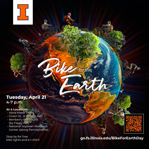 Graphic of a globe with people biking on it with QR code, block I, and text: Bike for the Earth, Tuesday April 21st, 4-7 PM