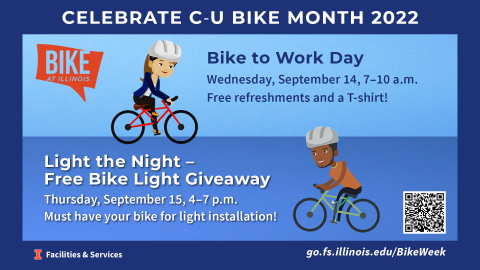 Digital sign for Bike to Work Day and Light the Night events, containing bicyclists and a QR code