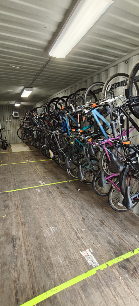 Shipping Container with Bicycles hanging on the bike hooks