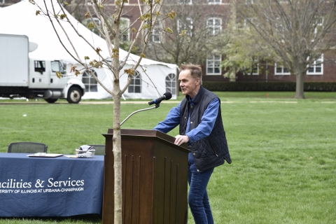 Kevin McSweeney, Arboretum Director and Tree Committee Chair, speaking at the 2022 Arbor Day Celebration. 