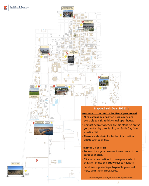 Map of Online solar sites virtual tour Map of campus, showing nine solar electrical arrays