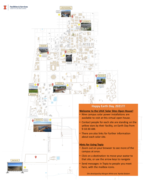 Map of campus, showing nine solar electrical arrays