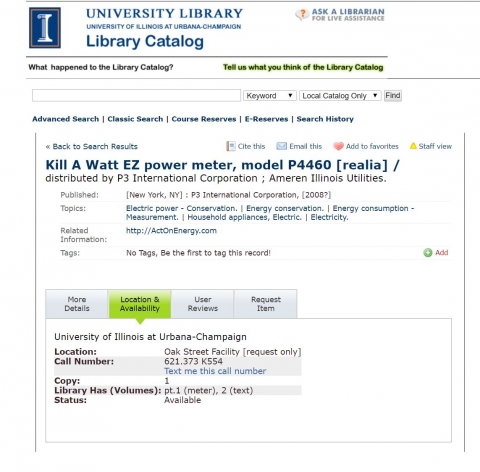 Kill a Watt EZ Power Meter book at the U of I online library 