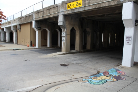 This picture shows the aquatic animals and slug-like creature murals are located on the west side of the tunnel on chester st