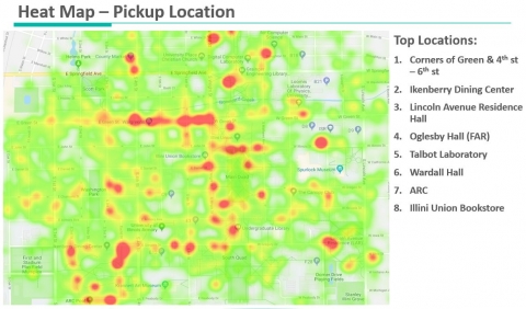 Heat map for pickup locations including the top pickup locations for VeoRide's first month of operation (September 2018)