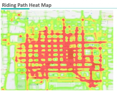 Riding Path Heat map for VeoRide's first month of operation (September 2018)
