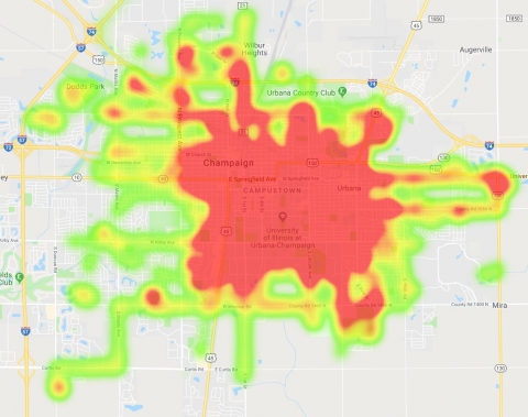 Heat map of VeoRide bikes in our town mostly concentrated in the University campus area