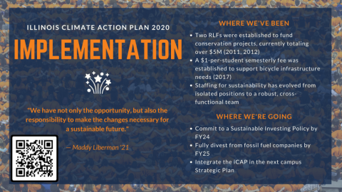 Illinois Climate Action Plan 2020 Chapter Summary: Implementation. Where we've been: 2 RLFs established to fund conservation projects, currently totaling over $5M (2011, 2012); $1/student semesterly fee established to support bicycle infrastructure needs (2017); Staffing for sustainability evolved from isolated positions to cross-functional teams. Where we’re going: Commit to a Sustainable Investing Policy by FY24; Fully divest from fossil fuel companies by FY25; Integrate iCAP in next campus Strategic Plan