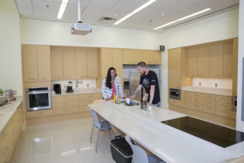 ADA compliant kitchen for teaching, cooking meals, learning to cook with an injury, and Illini Veteran dinners. 