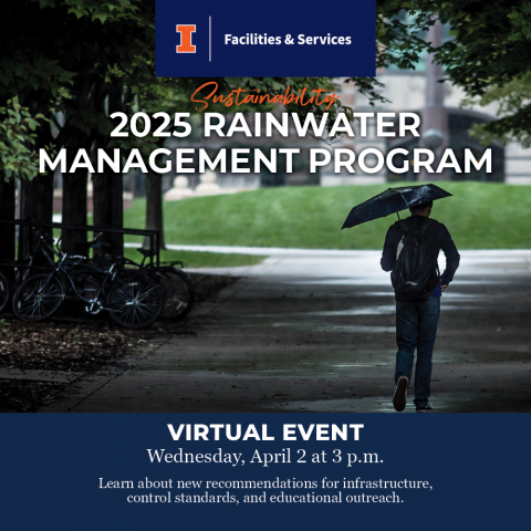 Rainwater Management Program image of rainy campus with person walking under umbrella